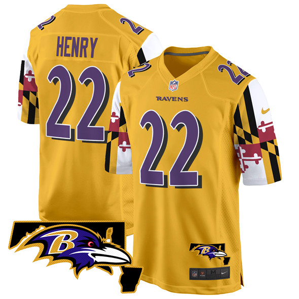 Men's Baltimore Ravens #22 Derrick Henry Gold 2025 Maryland Flag Vapor Limited Football Game Jersey